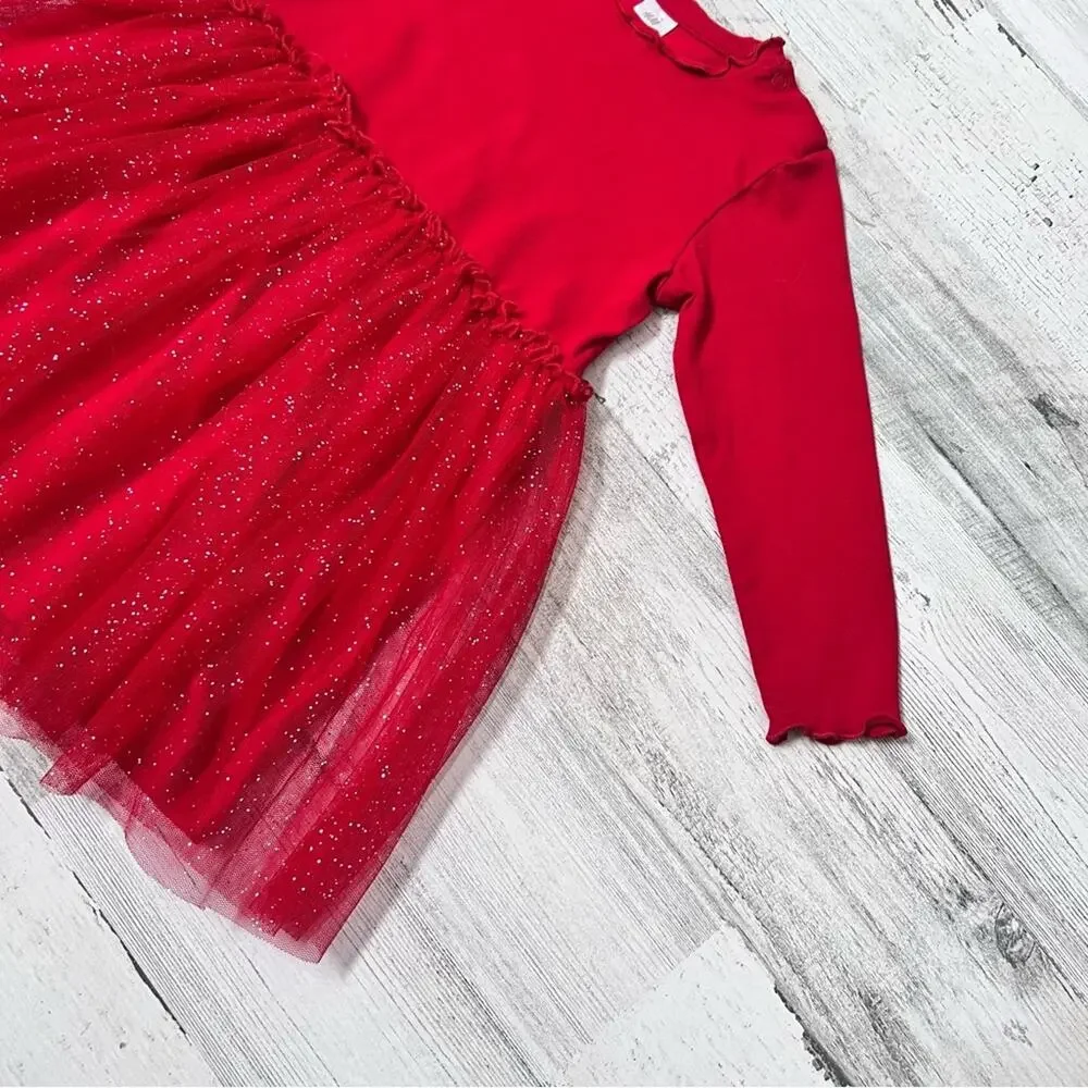 🌵3/$20 H&M Girls Dress Size 18M Red Glitter Tulle Holiday Long Sleeve Party